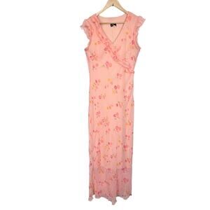 VTG BABYDOLL Floral Ruffled Pink Y2K Fairy Maxi Dress Sheer Overlay 11/12 Tall
